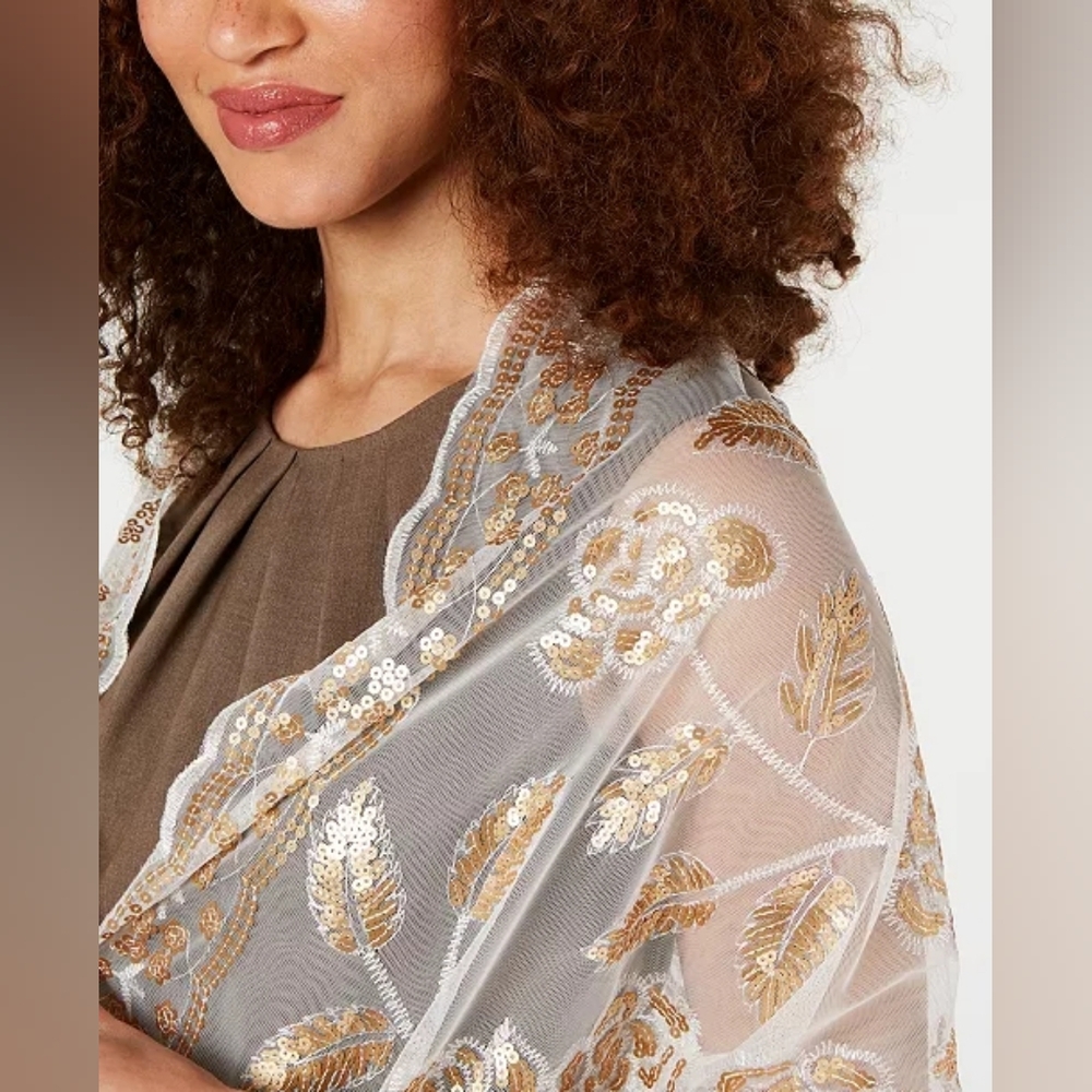 INC Women S Floral Sequin Mesh Wrap Ivory - Picture 4 of 5